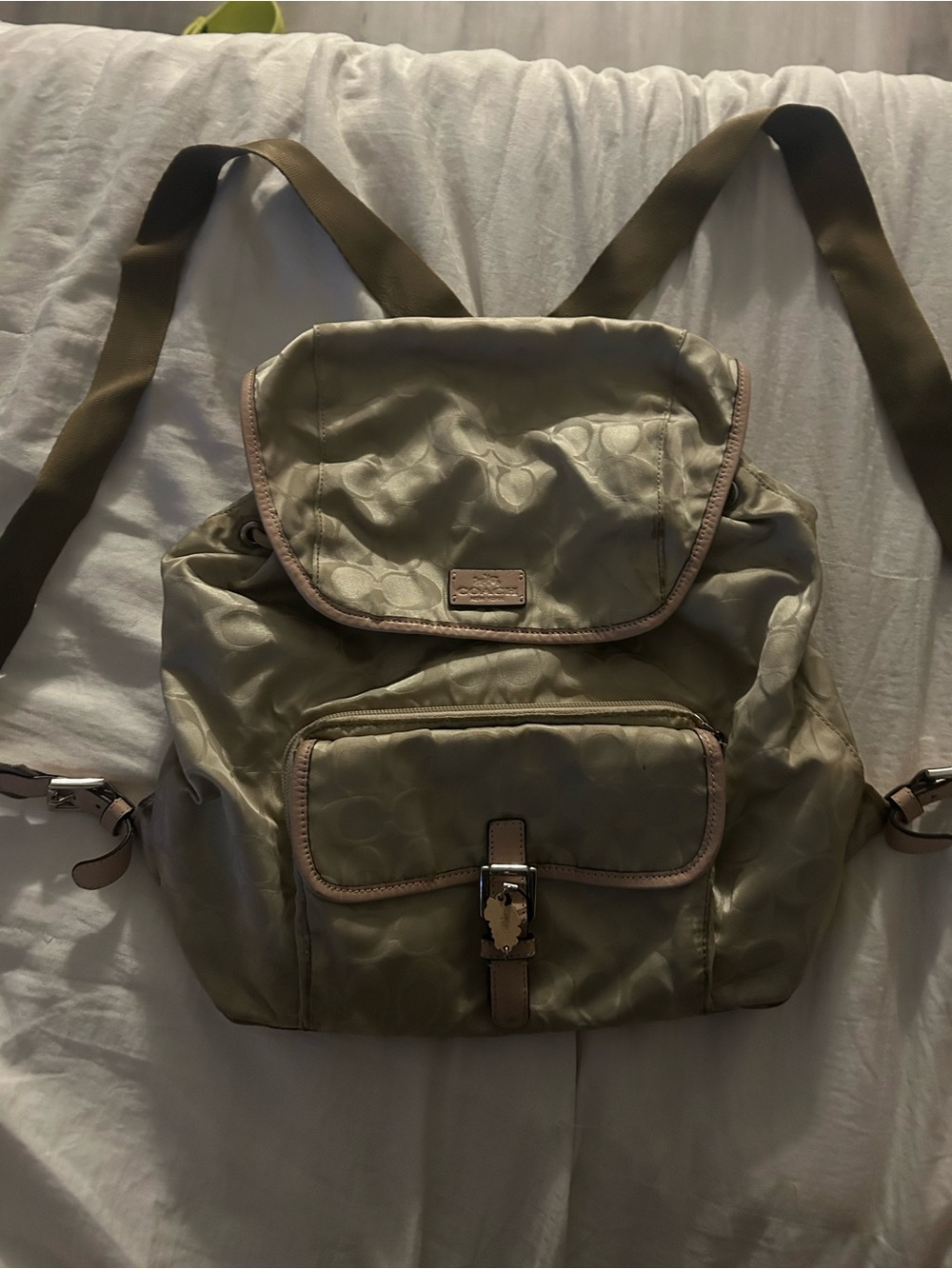 Coach Beige/Gold Signature Nylon Backpack with Tan Trim